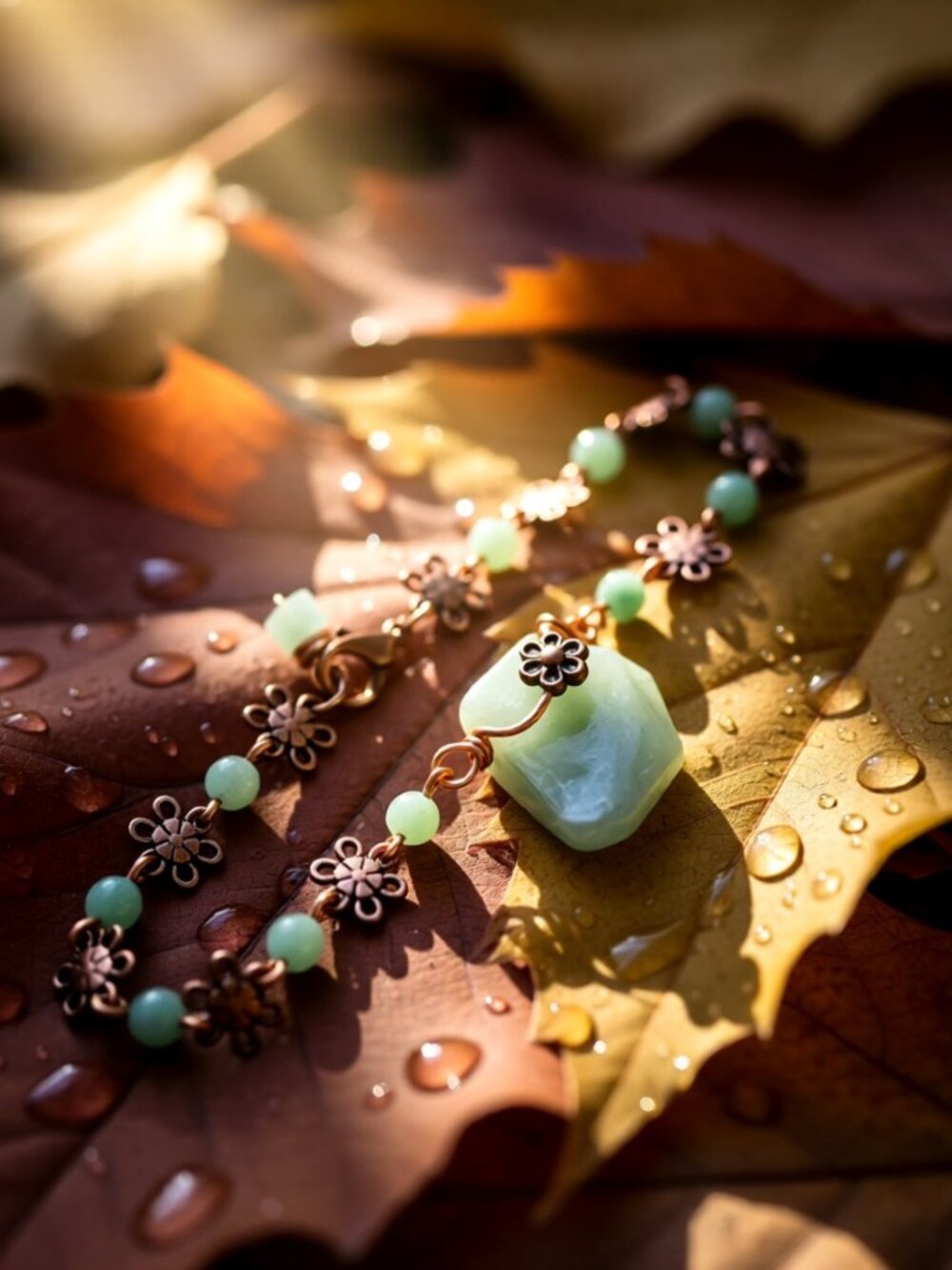 Dainty Pale Green Aventurine & Copper Bracelet! Delicate Feminine Floral Flower